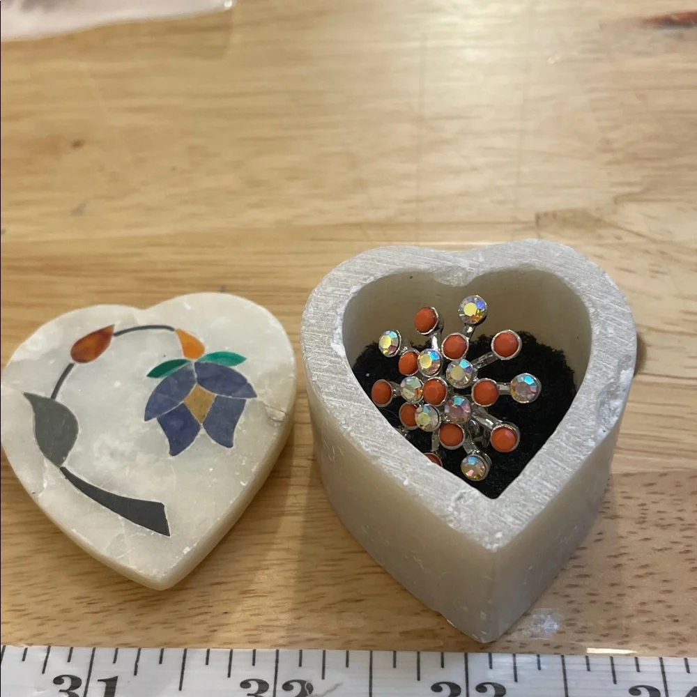 Heart-Shaped Soap Stone Trinket Box with Floral Inlay